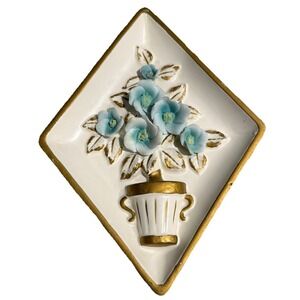 Vtg Lefton Ceramic Kitchen Wall Plaque Decor 3D floral diamond‎ shape Blue Japan